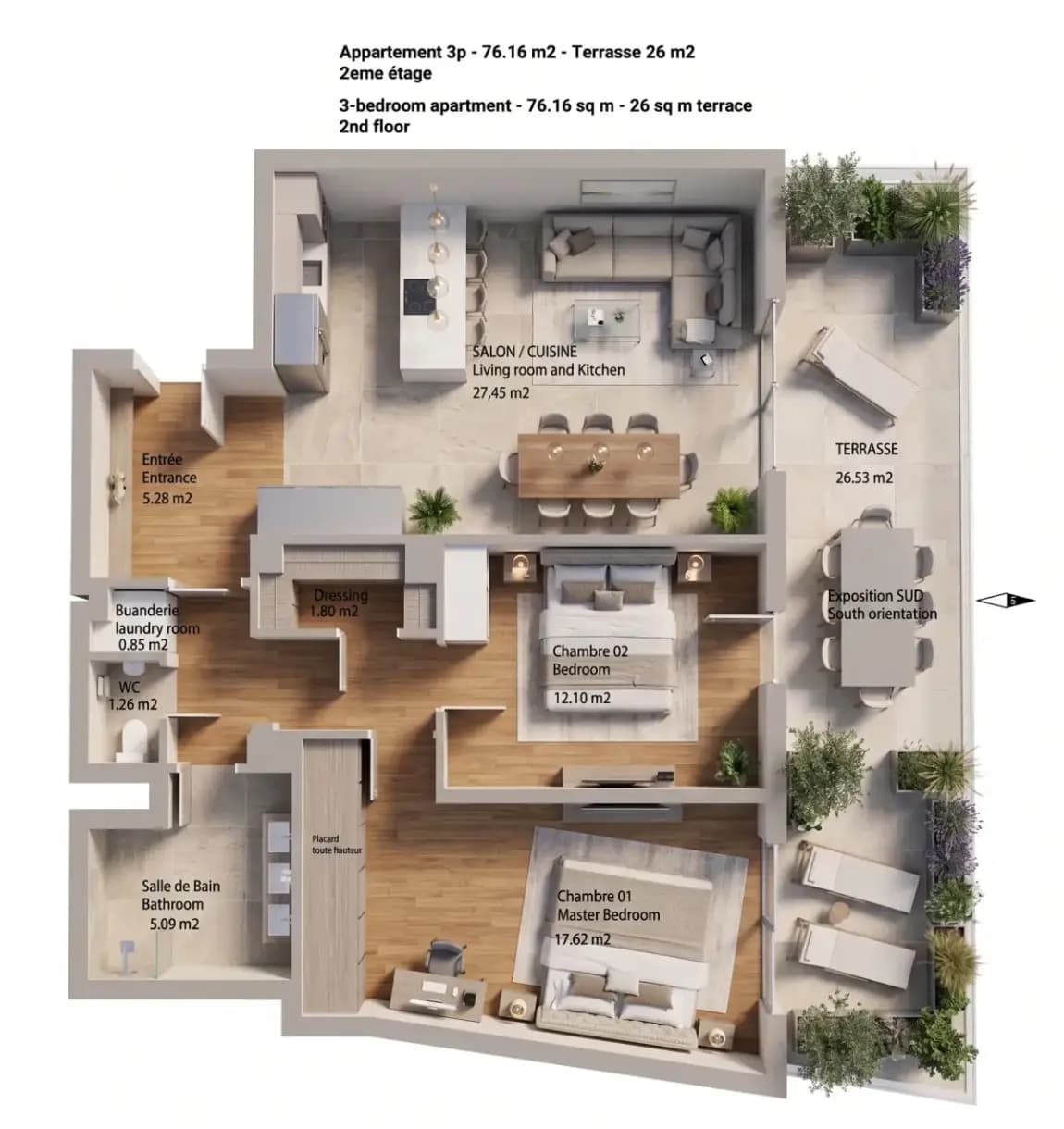 Plan 3D décoré de l'appartement Arcadia